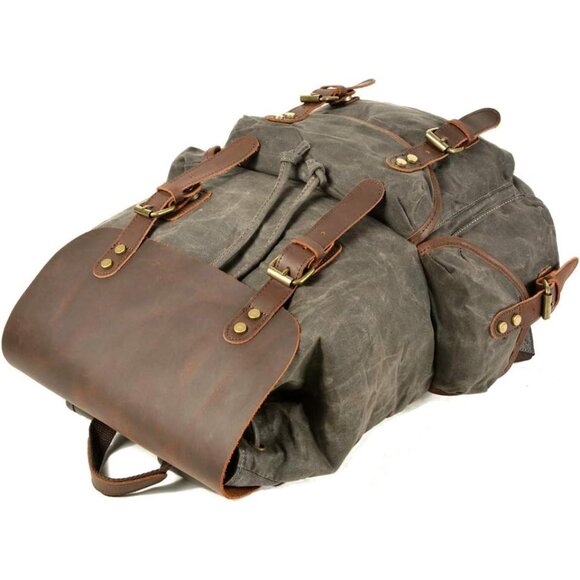 ✨ Men Brown Leather Backpack Waxed Canvas Shoulder Rucksack Travel Backpack - Picture 4 of 9